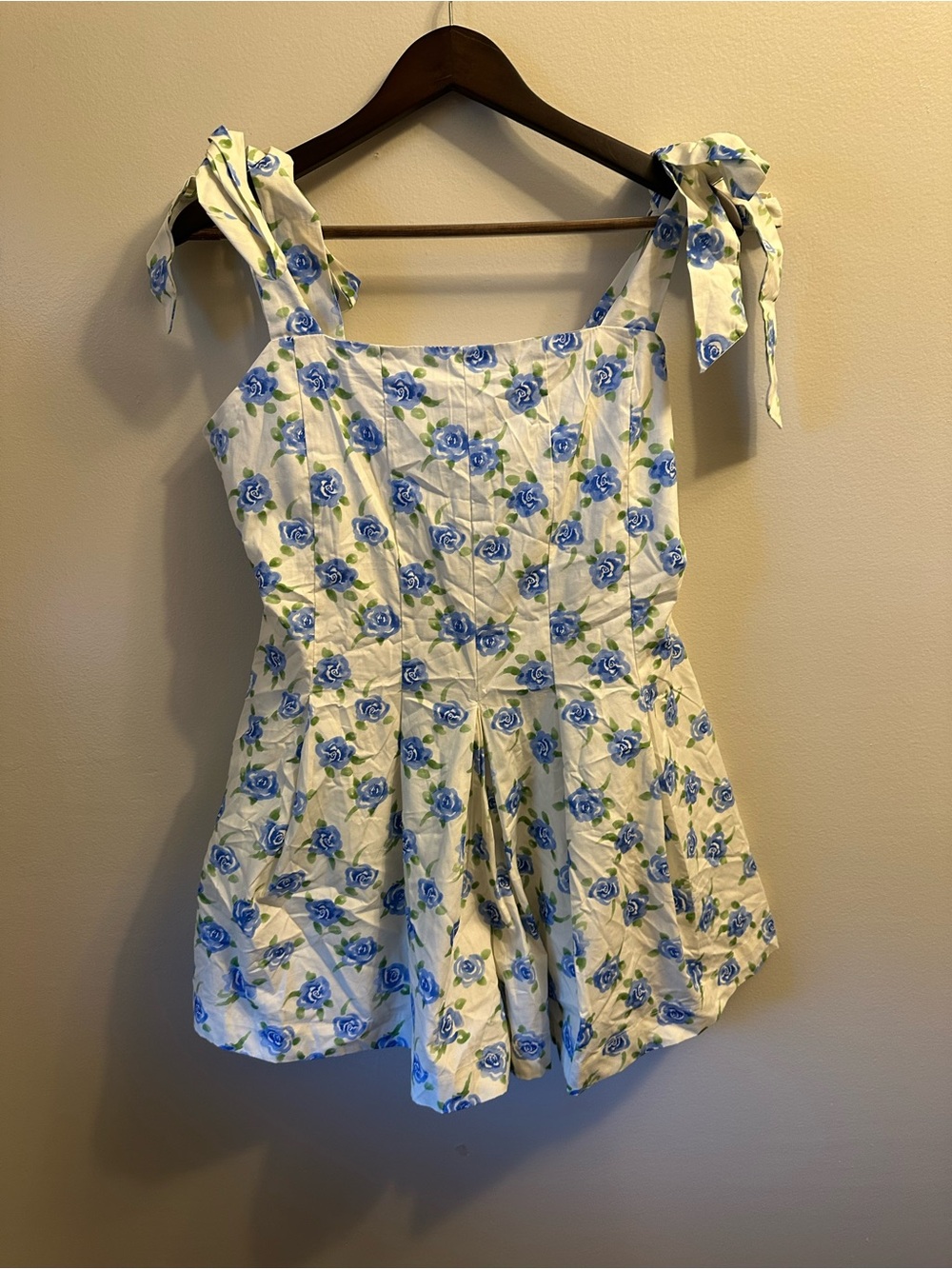 #353 HYFVE White Romper with Blue Floral Print and Tie Shoulder Straps